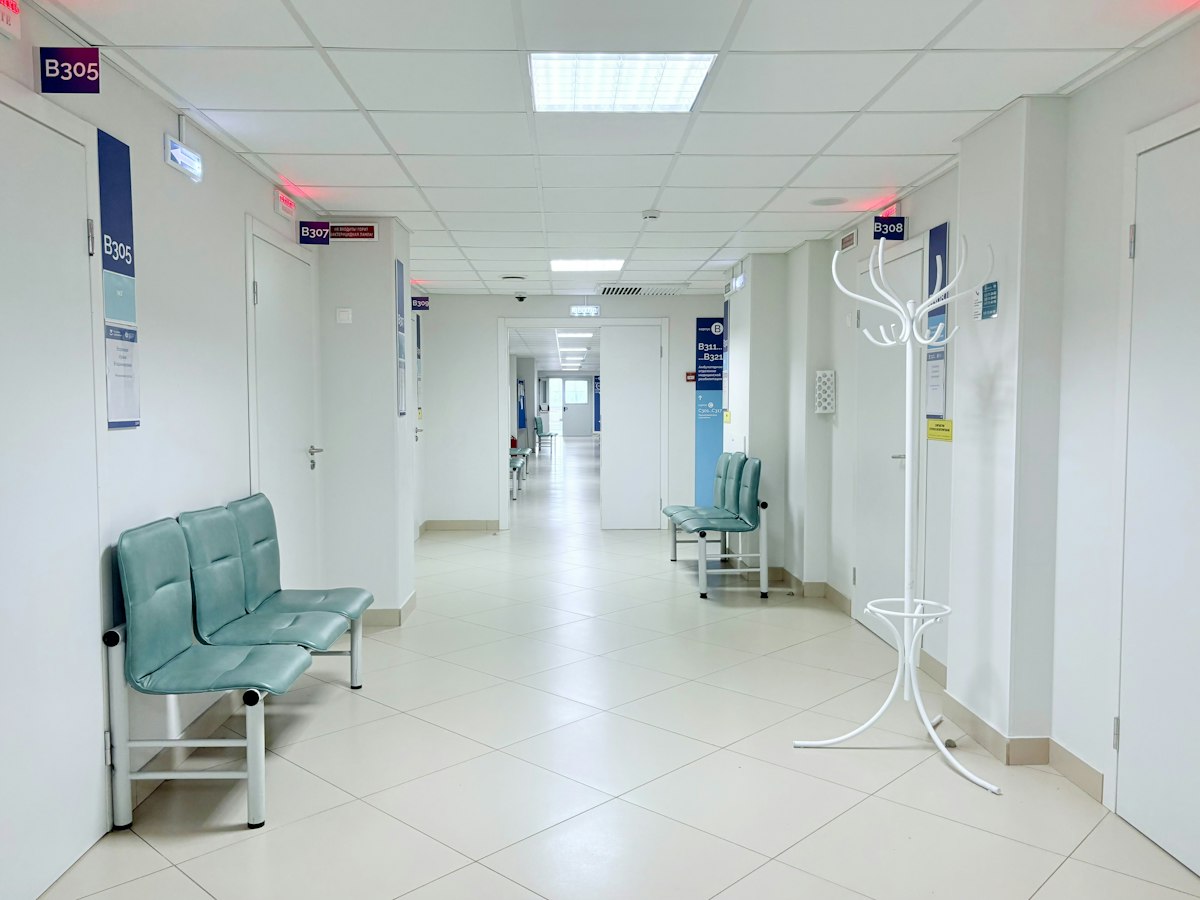 A hospital corridor seen from a ceiling camera