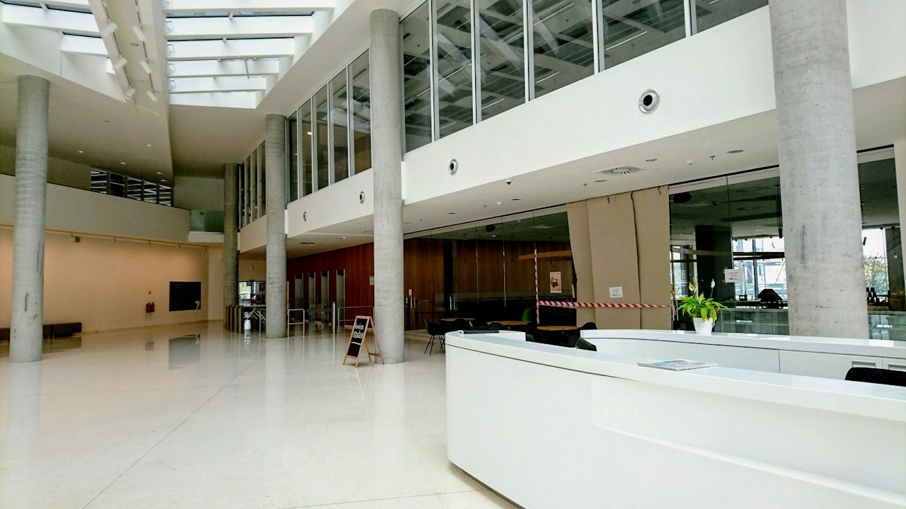 A hospital lobby and counter