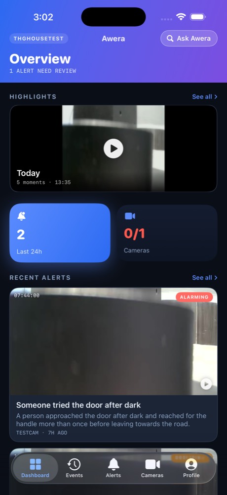 Awera overview screen showing today's highlights, alert count and cameras online