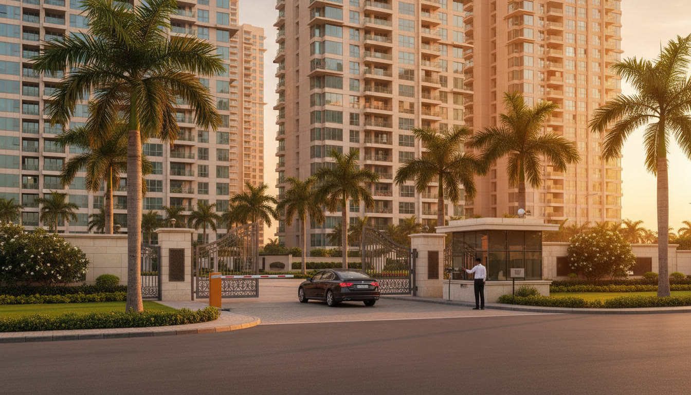 Apartment towers behind a gate with a guard cabin