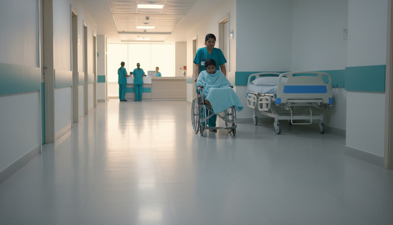 A nurse pushing a patient in a wheelchair along a hospital corridor