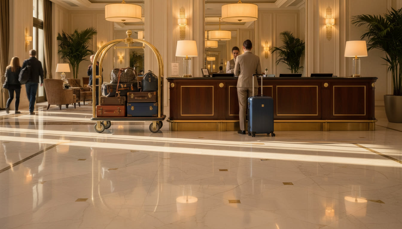 A hotel reception desk with a guest and a luggage trolley