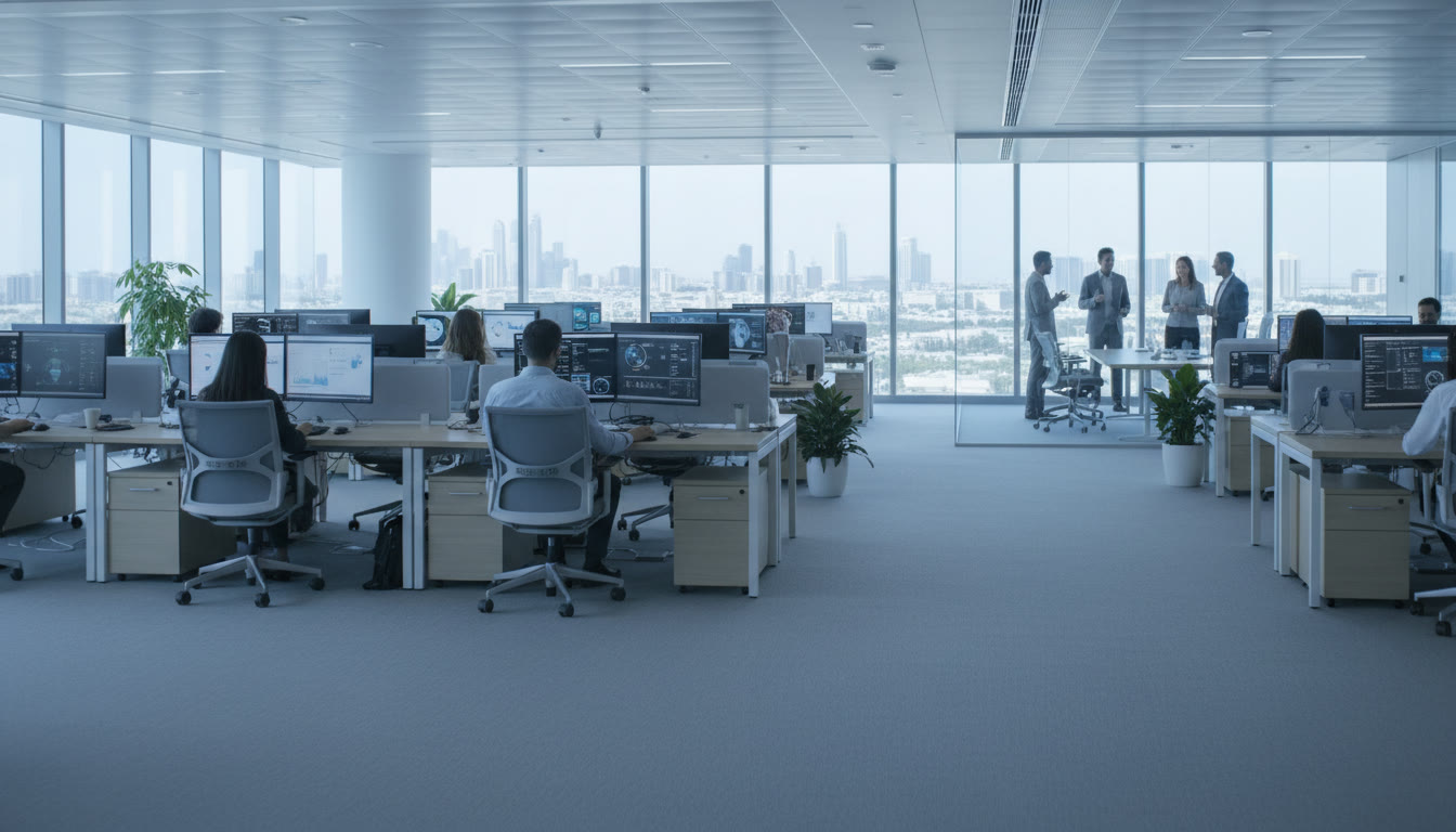 An open-plan office with people at their desks