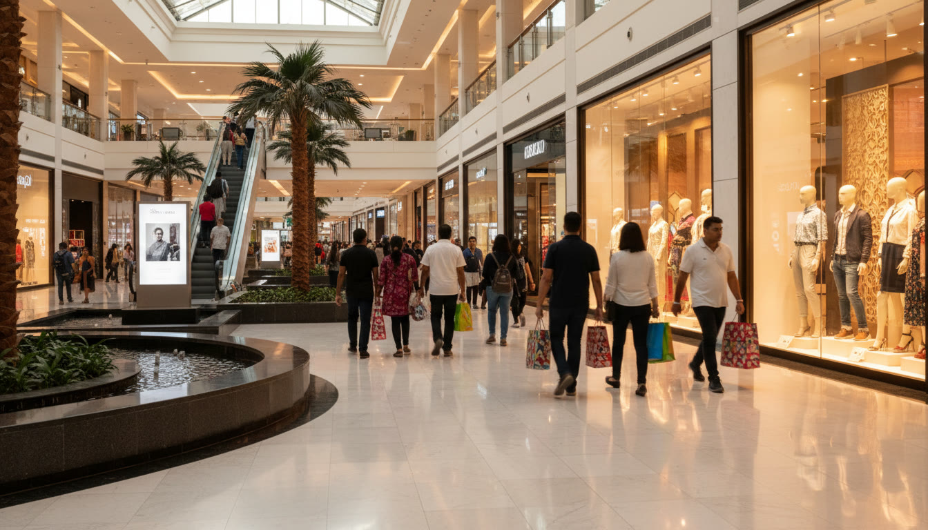 Shoppers walking past shopfronts in a mall