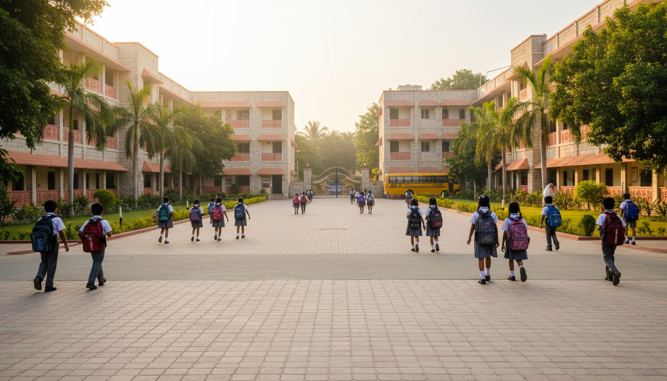 Children in uniform walking into school