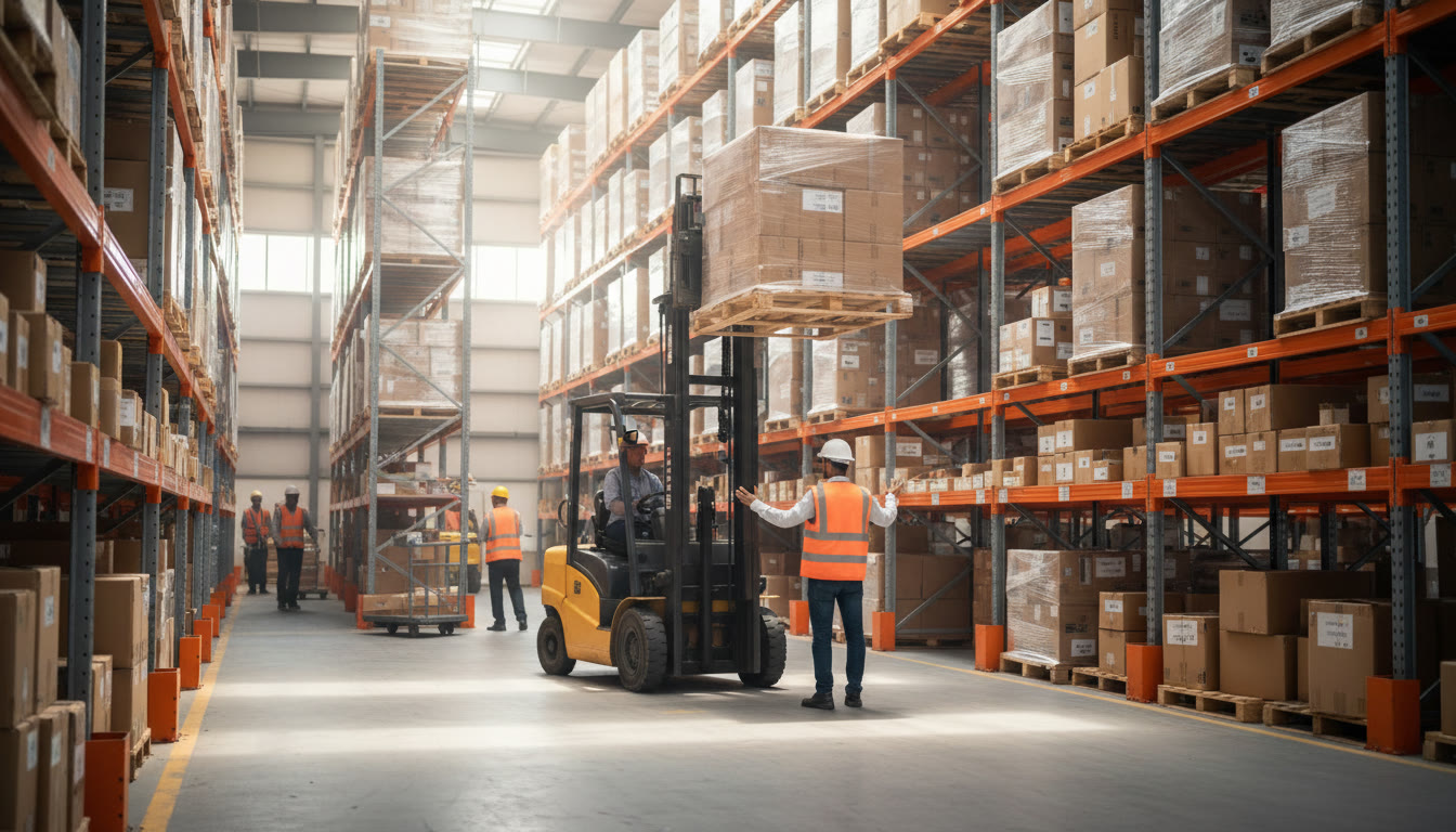 A forklift lifting a pallet between warehouse racks